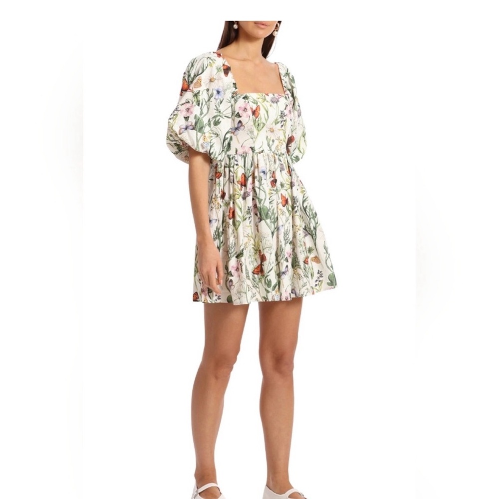 Avec Les Filles White Floral Square-Neck Puff Sleeve Mini Dress